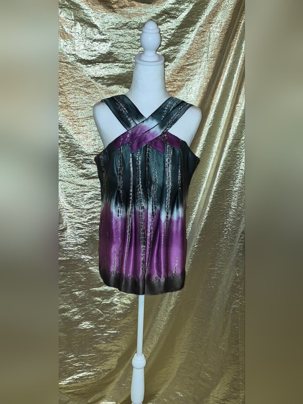 BCBG Max Azria Green and Purple Crisscross Sleeveless Top